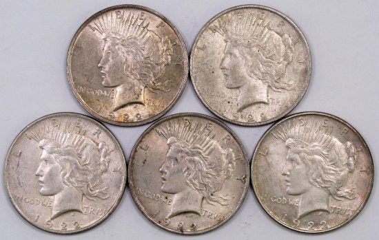 Lot of (5) 1922 P Peace Silver Dollars.