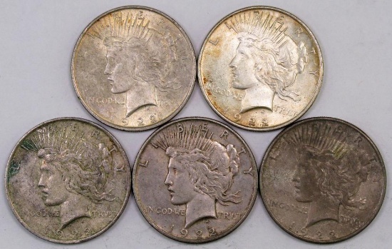 Lot of (5) 1922 P Peace Silver Dollars.