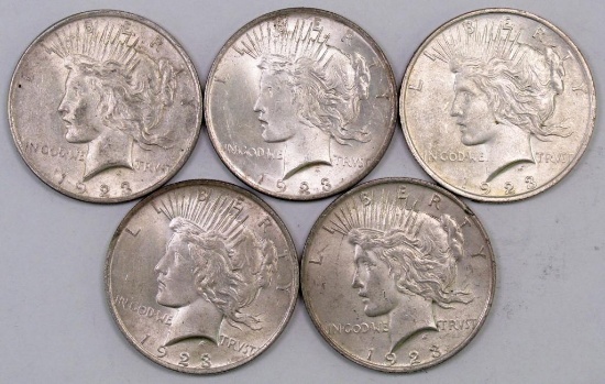 Lot of (5) 1923 P Peace Silver Dollars.