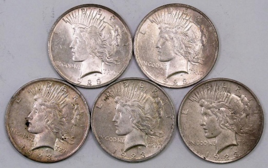 Lot of (5) 1923 P Peace Silver Dollars.