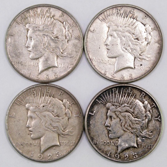Lot of (4) 1923 S Peace Silver Dollars.
