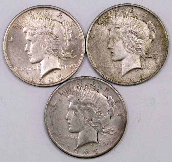 Lot of (3) 1925 P Peace Silver Dollars.