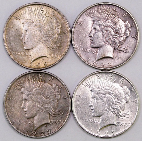 Lot of (4) 1922 P Peace Silver Dollars.