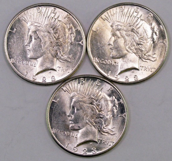 Lot of (3) 1923 S Peace Silver Dollars.