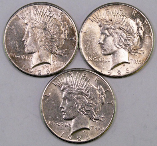 Lot of (3) 1926 P Peace Silver Dollars.