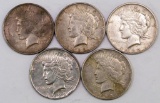 Lot of (5) 1922 D Peace Silver Dollars.