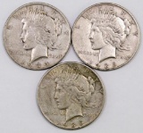 Lot of (3) Peace Silver Dollars.
