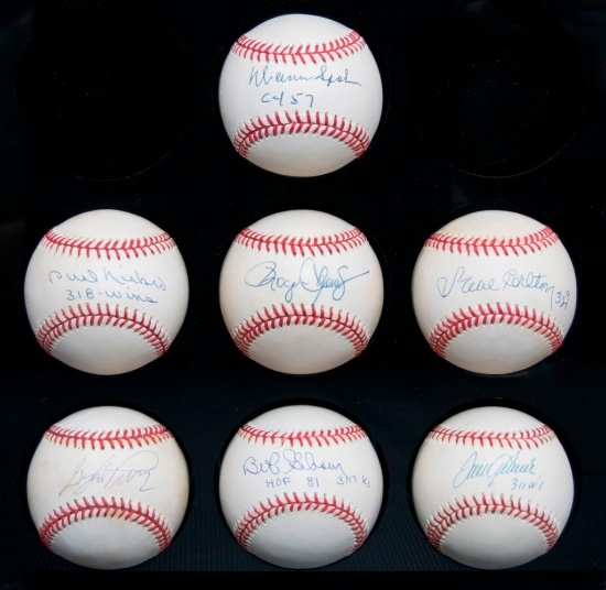 The 300 Win Club Signed Baseball Collection with 7 Signed Baseballs and Display Case