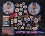 Group of Baseball, Basketball, and Football Pins, Magnets, and More