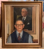 Oil painting of a man with glasses and blue vest in front of a painting