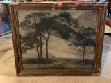 Oil painting on canvas of seaside scene with trees