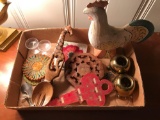 Group of random items, rooster, candle holders and more