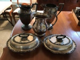 Group of silver plate pitchers, covered platters