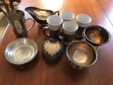 Group of silver plate cups, bowls and more