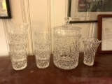 Pressed glass tumblers, ice bucket, and vase