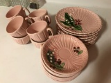 Set of 8 Pink Majolica Lily of the Valley Plates, cups and saucers