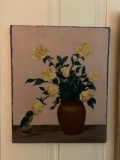 Oil on canvas still life of bird next to potted plant by William Collins