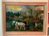 Reverse painted glass framed farm scene