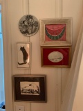 Group of five pieces of framed wall art