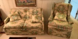 Hearing at the fountain upholstered loveseat and chair