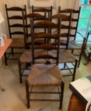 Group of six vintage ladder back rush weave chairs