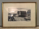 Vintage Signed Etching Of Wooden Dock and Cabins