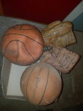 Lot of two vintage Baseball Gloves & two Basketballs