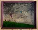 Oil painting on board of children flying kites in a storm