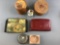 Group of random items including leather clutch, wooden container
