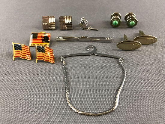Group of Lapel pins, cuff links, tie bars