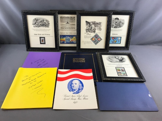 Group of framed stamps, stamp collections and more