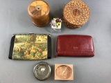 Group of random items including leather clutch, wooden container