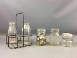 Group of Vintage Milk Jars with Basket, Buttons and Canning jars