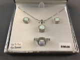 Sterling Silver Opal, white sapphire diamond accent jewelry set