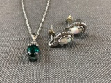 18 inch 10k white gold rope chain with emerald and white sapphire pendant and opal earrings