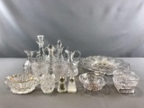 Group of clear pressed glass cruets and more