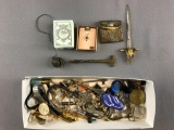 Group of Random items including bell, jewelry, mesh rosary bag