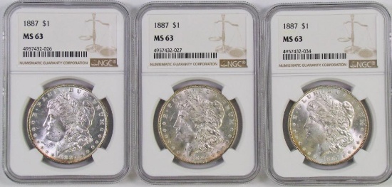 Lot of (3) 1887 P Morgan Silver Dollars all (NGC) MS63.