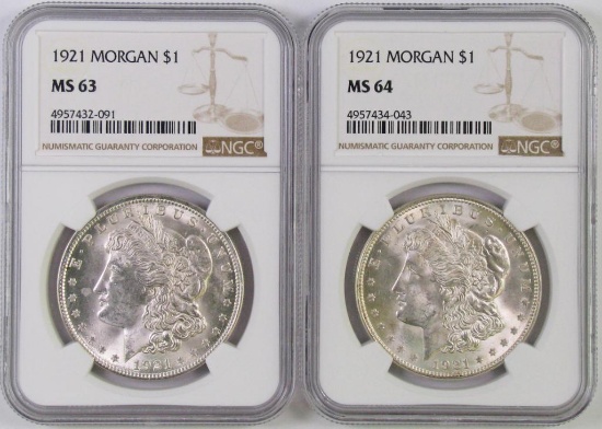 Lot of (2) 1921 P Morgan Silver Dollars (NGC) MS63 & MS64.