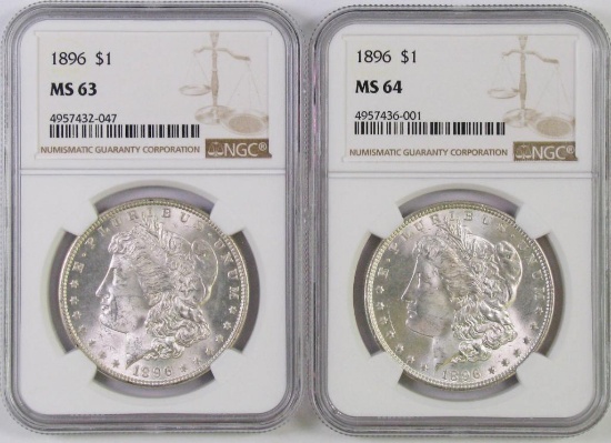 Lot of (2) 1896 P Morgan Silver Dollars (NGC) MS63 & MS64.