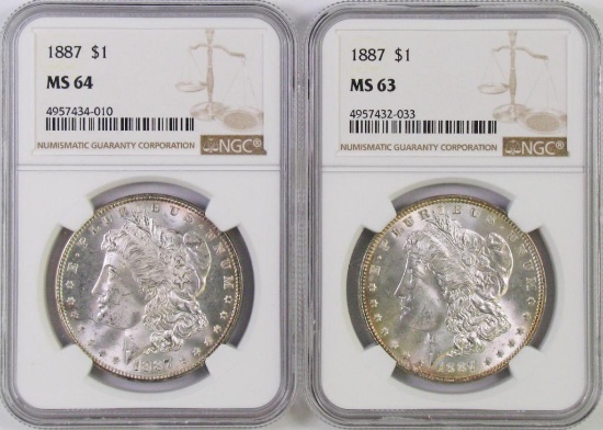 Lot of (2) 1887 P Morgan Silver Dollars (NGC) MS63 & MS64.