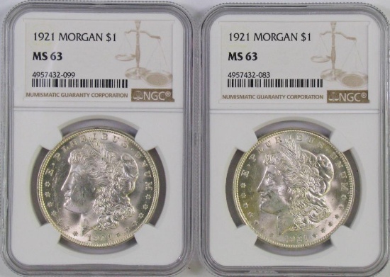 Lot of (2) 1921 P Morgan Silver Dollars both (NGC) MS63.