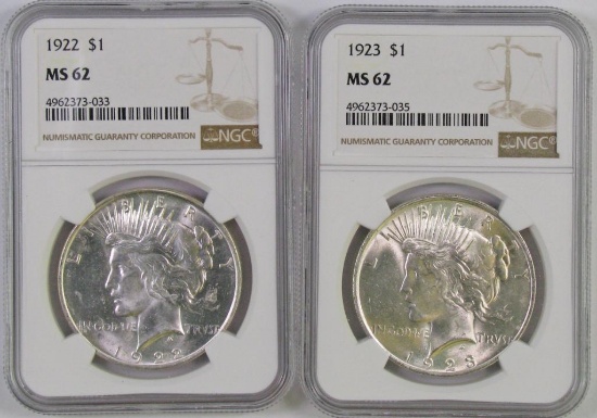 Lot of (2) Peace Silver Dollars both (NGC) MS62.