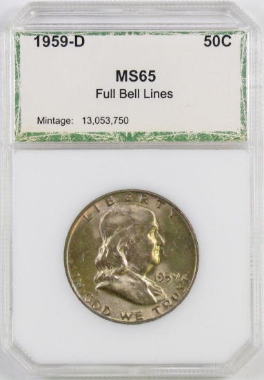 1959 D Franklin Silver Half Dollar (PCI) MS65FBL.
