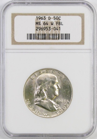 1963 D Franklin Silver Half Dollar (NGC) MS64FBL.