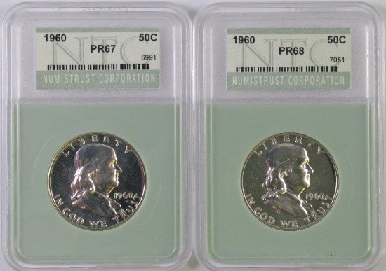 Lot of (2) 1960 P Franklin Silver Half Dollars (NTC) PR67 & PR68.