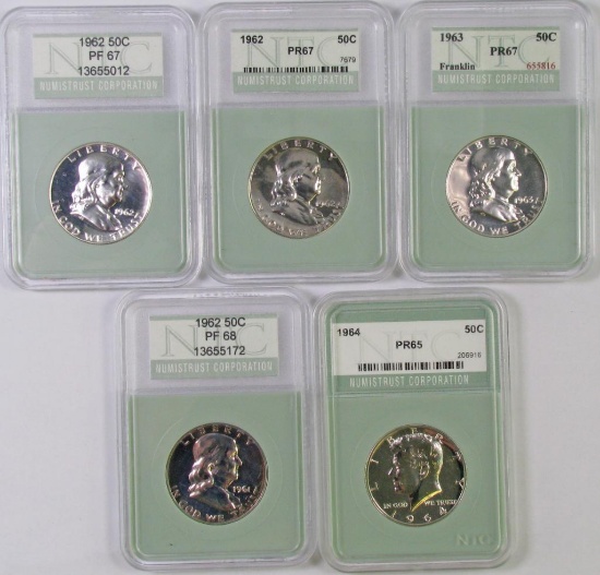 Lot of (5) Franklin & Kennedy Silver Half Dollar Proofs all (NTC) Certified.