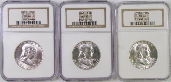 Lot of (3) 1963 P Franklin Silver Half Dollars all (NGC) MS65.