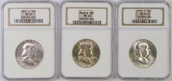 Lot of (3) 1963 D Franklin Silver Half Dollars all (NGC) MS65.