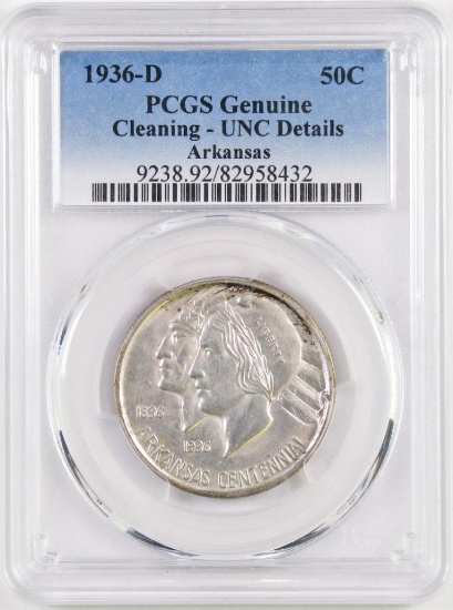 1936 D Arkansas Commemorative Silver Half Dollar (PCGS) Genuine Unc Details cleaning.